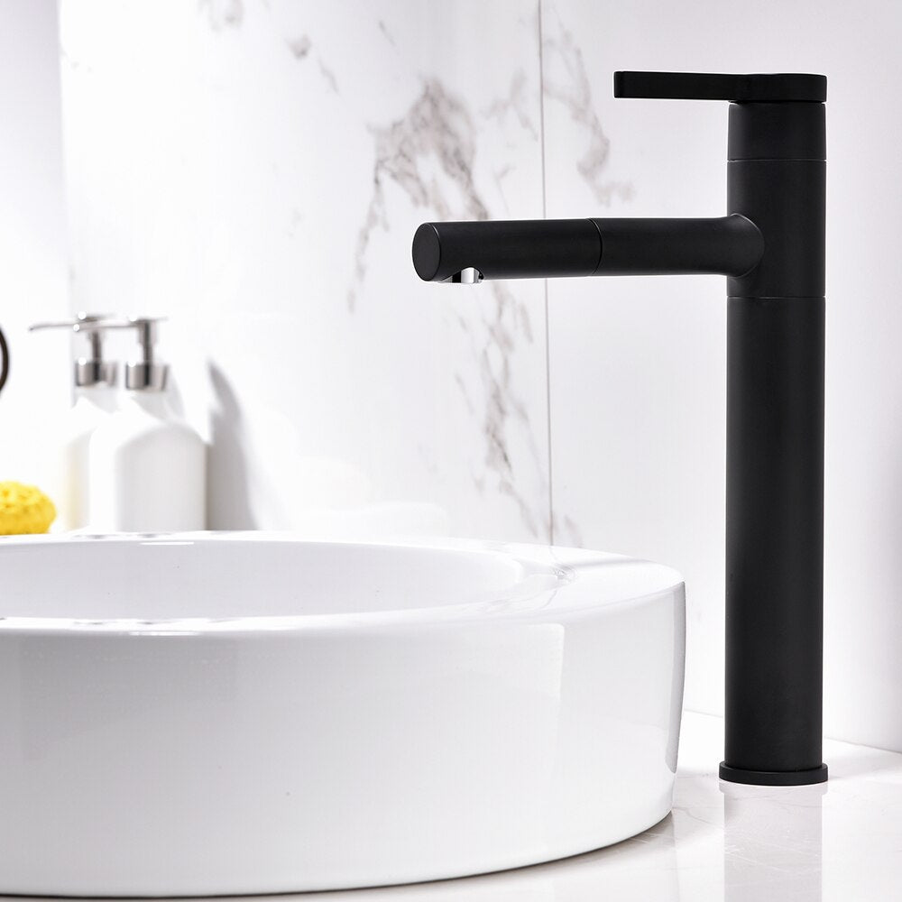 Free Shipping Brass Black Basin Faucet Bathroom Sink Faucet Pull-Out Wash Basin Sink Taps Deck Mounted 360 Degree Rotate Basin Mixer - WELQUEEN