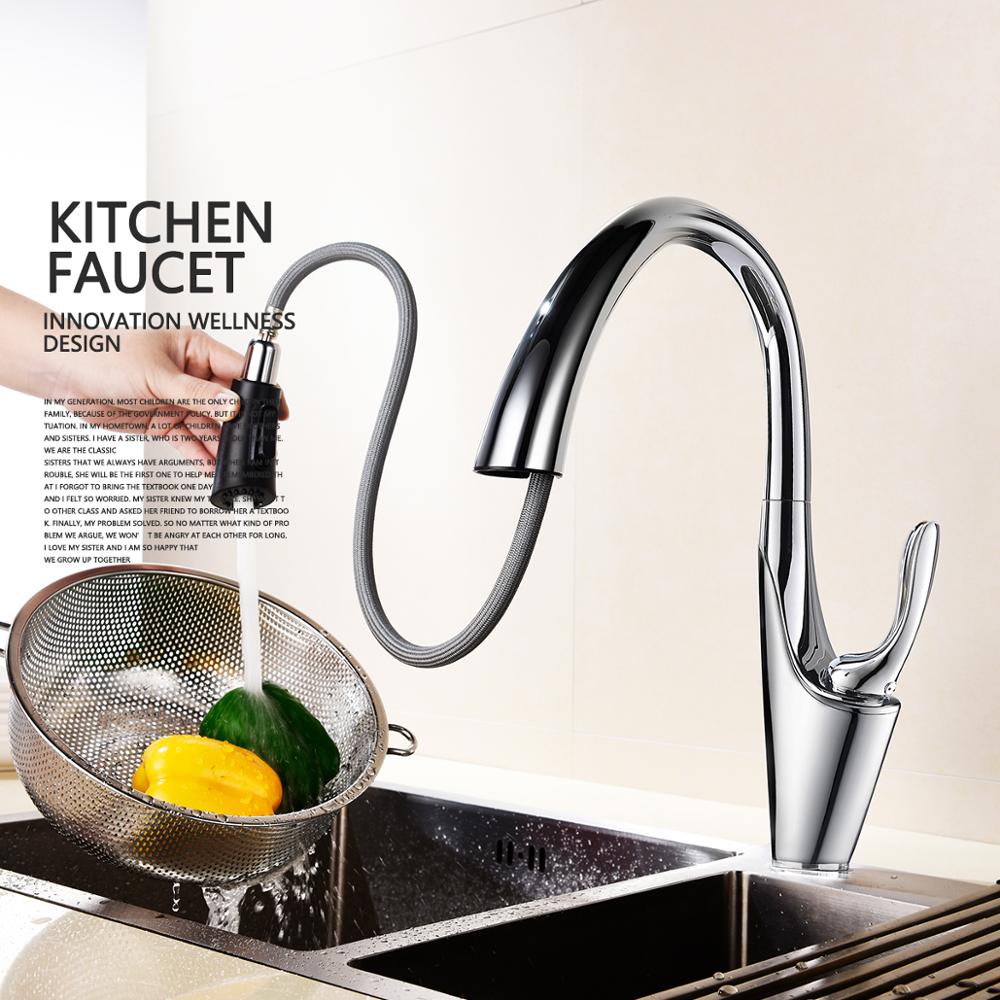 Free Shipping Brass Brushed Chrome Pull-Out Kitchen Faucets with Concealed 360 Degree Rotating Sprayer Deck Mounted Kitchen Tap - WELQUEEN