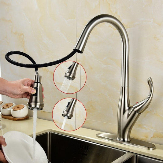 Free Shipping Brass Brushed Nickel Deck Mounted 360 Degree Rotating Pull Out Sprayer Kitchen Faucet Mixer Tap For Kitchen - WELQUEEN