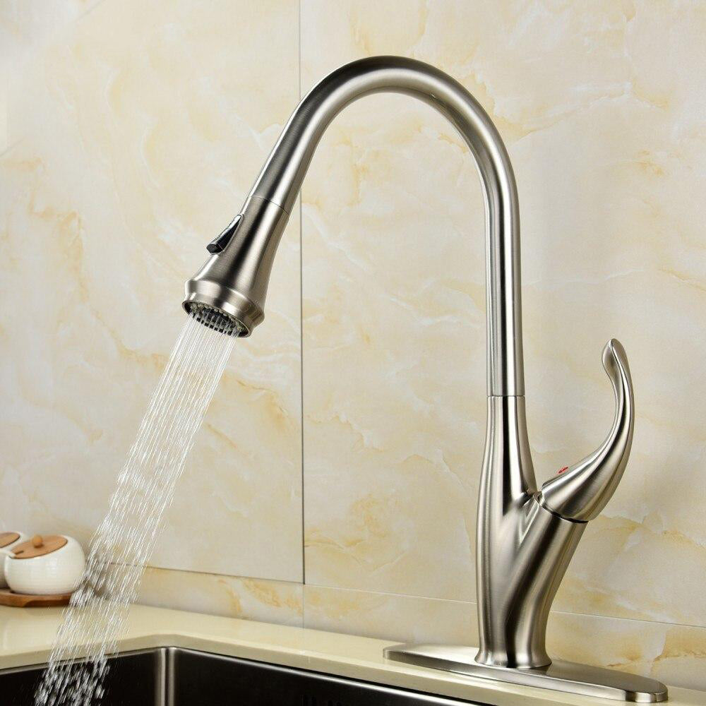 Free Shipping Brass Brushed Nickel Deck Mounted 360 Degree Rotating Pull Out Sprayer Kitchen Faucet Mixer Tap For Kitchen - WELQUEEN