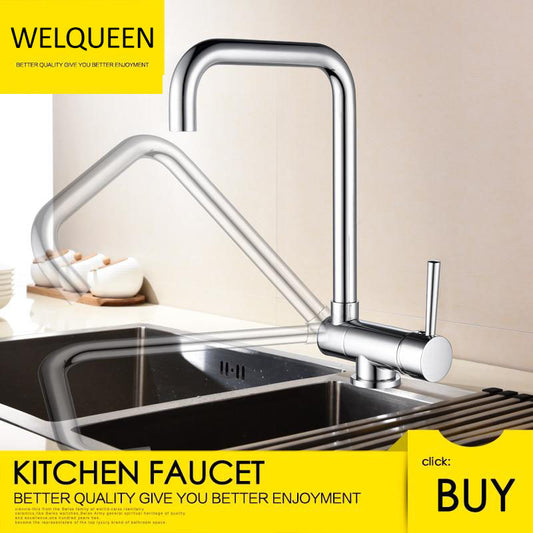 Free Shipping Brass Kitchen Tap Copper Rotating Folding Faucet Brushed Nickel Under Mounted Kitchen Sink Faucet - WELQUEEN