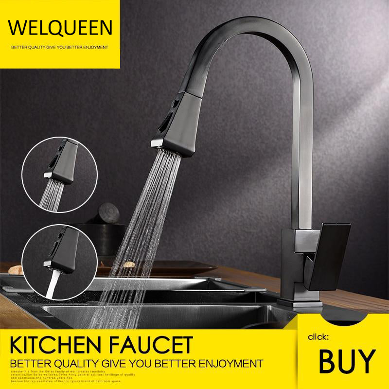 Free Shipping Brass Pull Out Kitchen Faucet Hot and Cold Water 360 Degree Rotation Stretch Pull Down Sprayer Kitchen Faucet - WELQUEEN