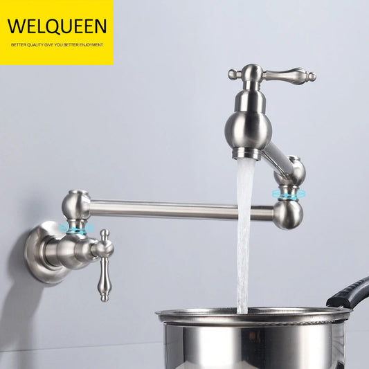 Free Shipping Brass Rotating Folding Faucet Delicate Double Switch Kitchen Faucet Wall Mounted Cold Water Tap - WELQUEEN