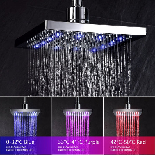 Free Shipping Plastic Chrome 8 Inches Rainfall Shower Head 3 Colors LED Shower Spray Square Shower Faucet For Bathroom - WELQUEEN