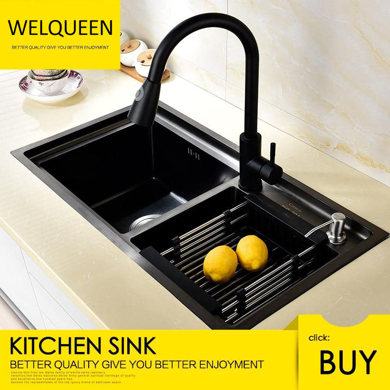 Free Shipping Stainless Steel Black DoubIe Under Mounted Kitchen Sink Set With Pull Out Faucet Double Layer - WELQUEEN