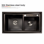 Stainless Steel Black DoubIe Under Mounted Kitchen Sink Set With Pull Out Faucet Double Layer