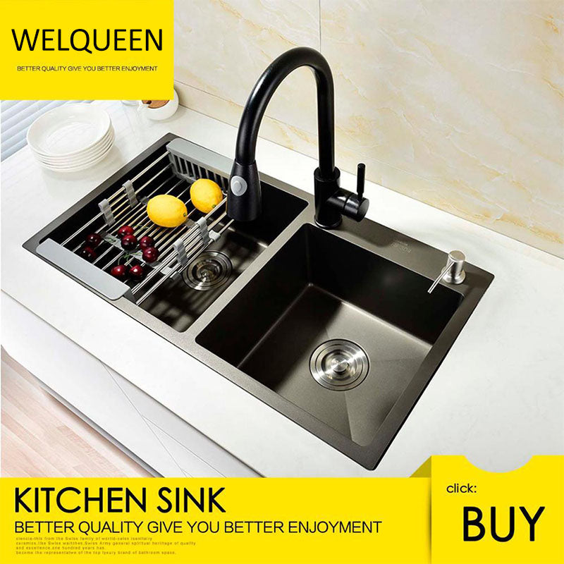Free Shipping Stainless Steel Black DoubIe Under Mounted Kitchen Sink Set With Pull Out Faucet Not Sticky Oil For Kitchen - WELQUEEN