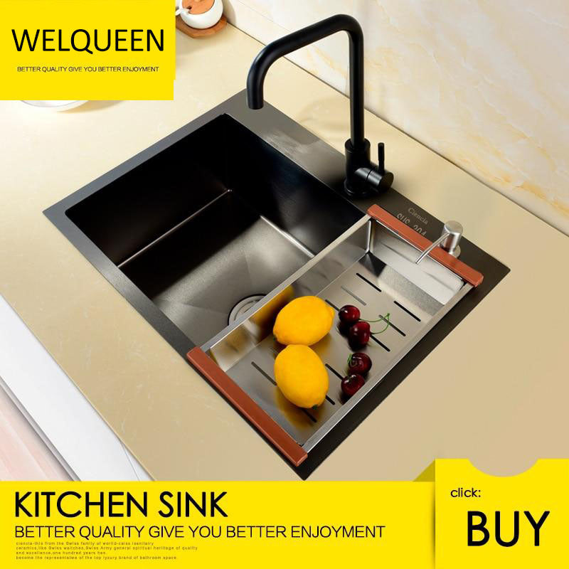 Free Shipping Stainless Steel Black Single Under Mounted Kitchen Sink Set With Kitchen Faucet Not Sticky Oil For Kitchen - WELQUEEN