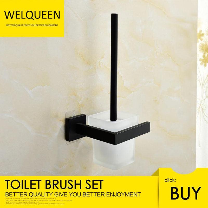 Free Shipping Stainless Steel Black Toilet Brush with Holder Wall Mounted Self Adhesive and Drilling Toilet Brush Set - WELQUEEN