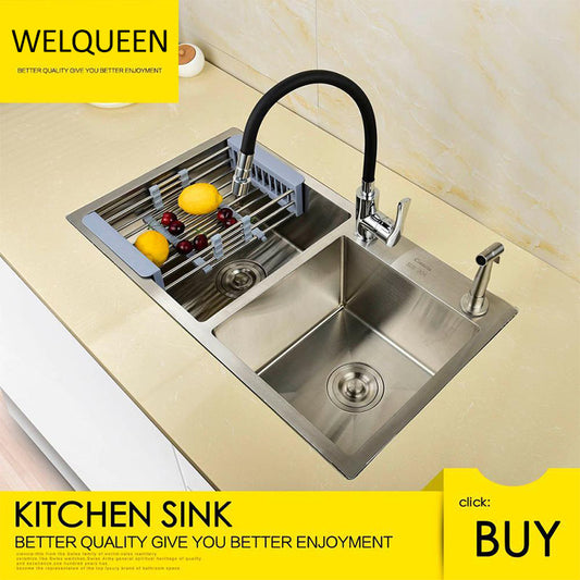 Free Shipping Stainless Steel Brushed Nickel Under Mounted Double Bowl Handmade Kitchen Sink With Faucet For Kitchen - WELQUEEN