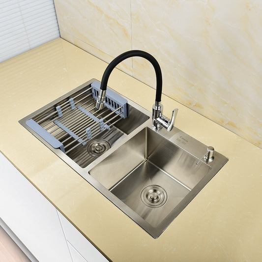 Free Shipping Stainless Steel Brushed Nickel Under Mounted Double Bowl Handmade Kitchen Sink With Faucet For Kitchen - WELQUEEN