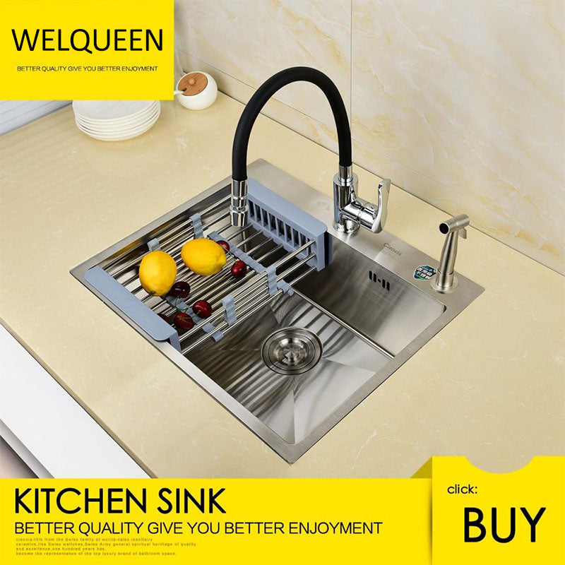 Free Shipping Stainless Steel Brushed Nickel Under Mounted Hand Make Single Bowl Kitchen Sink With Faucet For Kitchen - WELQUEEN