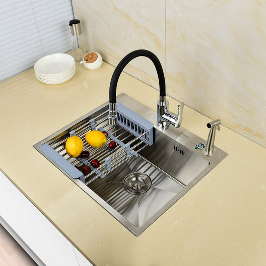 Free Shipping Stainless Steel Brushed Nickel Under Mounted Hand Make Single Bowl Kitchen Sink With Faucet For Kitchen - WELQUEEN