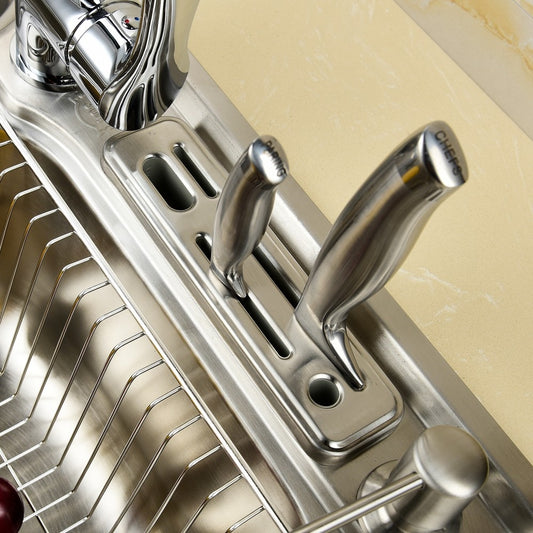 Free Shipping Stainless Steel Brushed Nickel Under Mount Double Bowl Kitchen Sink With Faucet and Knife Holder For Kitchen - WELQUEEN