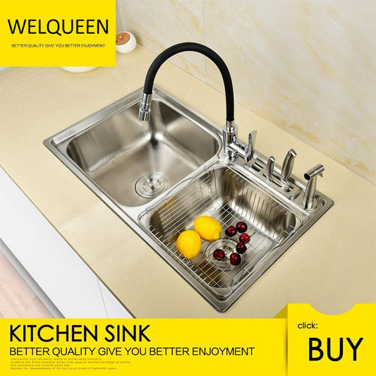 Free Shipping Stainless Steel Brushed Nickel Under Mount Double Bowl Kitchen Sink With Faucet and Knife Holder For Kitchen - WELQUEEN