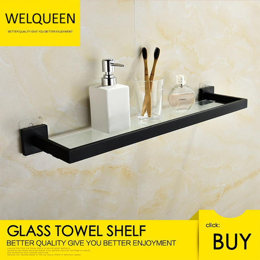 Free Shipping SUS304 Stainless Steel Seamless Self Adhesive Black Chrome Glass Towel Shelf Towel Hanger Bathroom Accessory - WELQUEEN