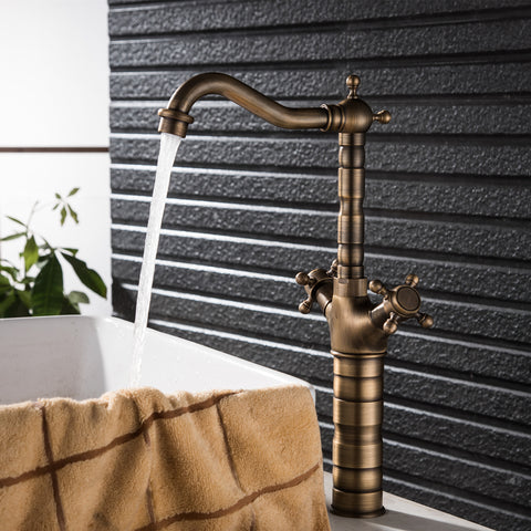 Bathroom Countertop Vessel Sink Faucet | Dual Handles Basin Mixer Taps | Retro Copper Basin Faucet - WELQUEEN HOME DECOR
