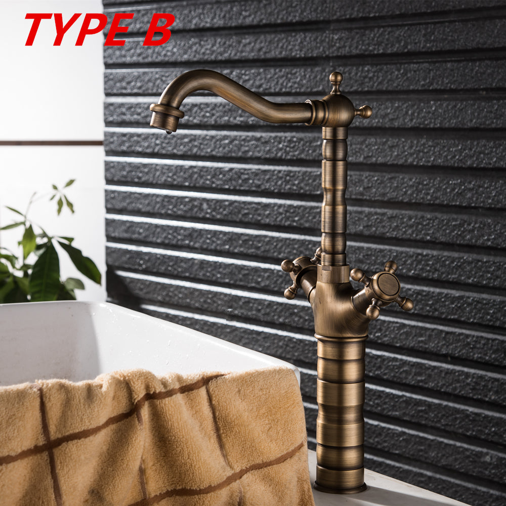 Bathroom Countertop Vessel Sink Faucet | Dual Handles Basin Mixer Taps | Retro Copper Basin Faucet - WELQUEEN HOME DECOR
