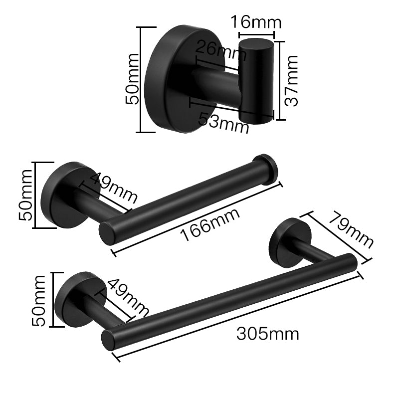 Matte Black Bathroom Hardware Set | Robe Hook Single Towel Bar Toilet Paper Holder - WELQUEEN