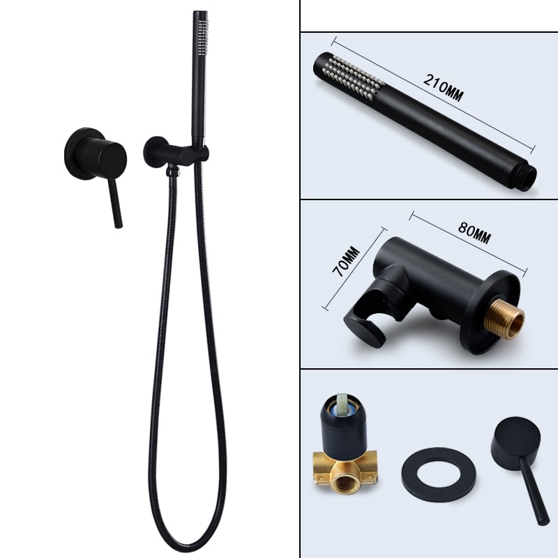 Matte Black Shower Faucet Set Concealed Wall Mounted Embedded Bathroom Shower Mixer Valve Hand Held Shower Head Black Brass - WELQUEEN