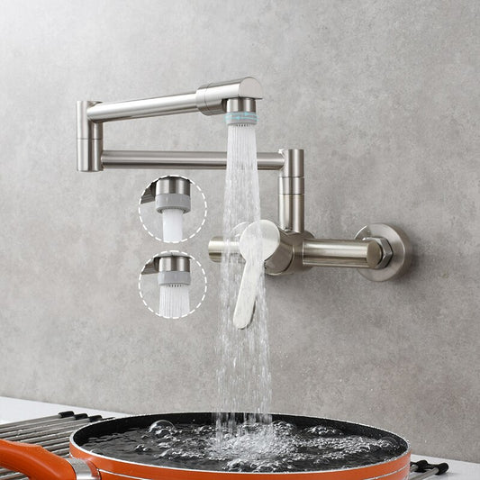 Brass Kitchen Folding Faucet Pot Filler Faucet Two Holes Wall Mount Faucet Hot and Cold Mixer Tap with Kitchen Sprayer - WELQUEEN HOME DECOR