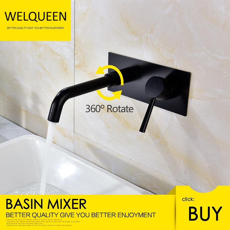 Wall Mount Bathroom Faucet Black Vessel Faucet 360 Degree Swivel Brass Basin Mixer Tap and Rough-in Valve Included - WELQUEEN