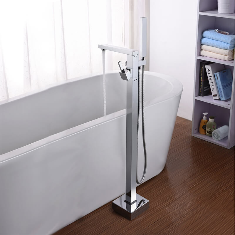 Freestanding Bathtub Faucet | Tub Filler Floor Mounted Brass Bathtub Faucet | Bathtub Faucet Single Handle With Handheld Shower Chrome Plating - WELQUEEN