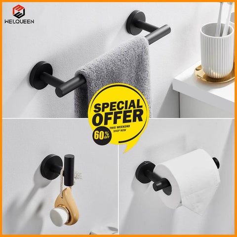 Matte Black Bathroom Hardware Set | Robe Hook Single Towel Bar Toilet Paper Holder - WELQUEEN