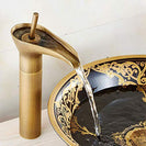 Classical Waterfall Basin Faucet | Single Handle Solid Brass Lavatory Faucet | Bathroom Sink Faucets In Antique Brass Finished