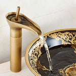 Classical Waterfall Basin Faucet | Single Handle Solid Brass Lavatory Faucet | Bathroom Sink Faucets In Antique Brass Finished