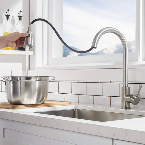 Stainless Steel Pull Down Kitchen Faucet | Single Handle High Arc Pull Out Kitchen Faucet | Swivel Single Lever Kitchen Sink Faucet - WELQUEEN