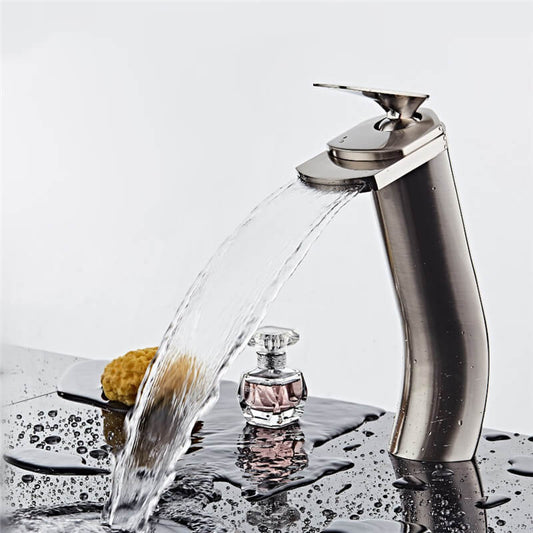 Single Handle Basin Faucet | Brass Waterfall Tall Body Basin Mixer | Brush Nickel Single Handle Single Hole Bathroom Sink Faucet - WELQUEEN