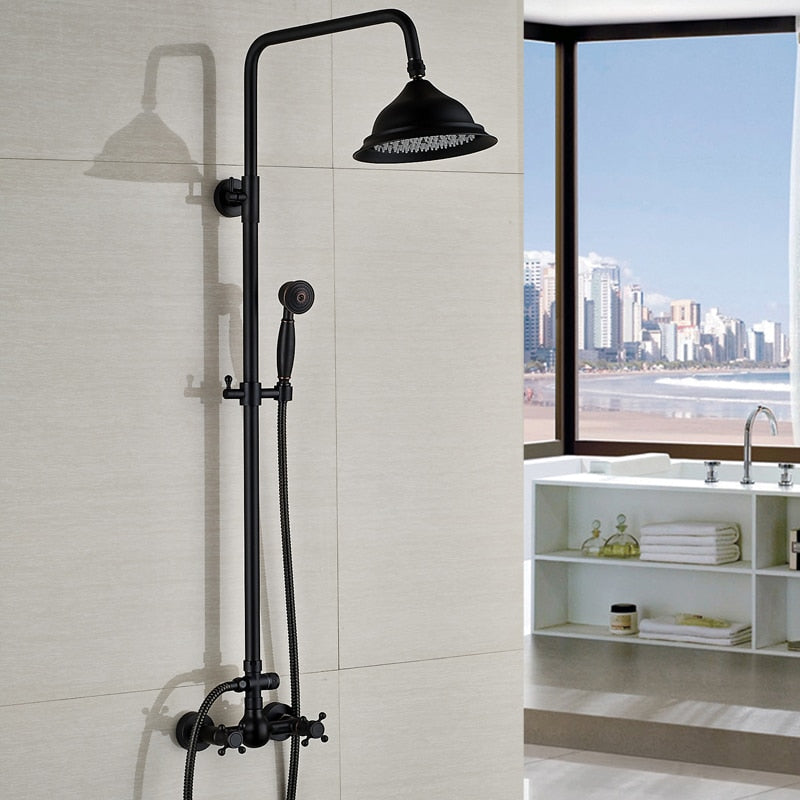 Bathroom Rainfall Shower Mixer Faucet Dual Handle Brass Black Shower Set Faucet Wall Mount Rainfall Shower Mixer Tap - WELQUEEN