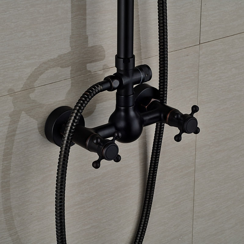 Bathroom Rainfall Shower Mixer Faucet Dual Handle Brass Black Shower Set Faucet Wall Mount Rainfall Shower Mixer Tap - WELQUEEN