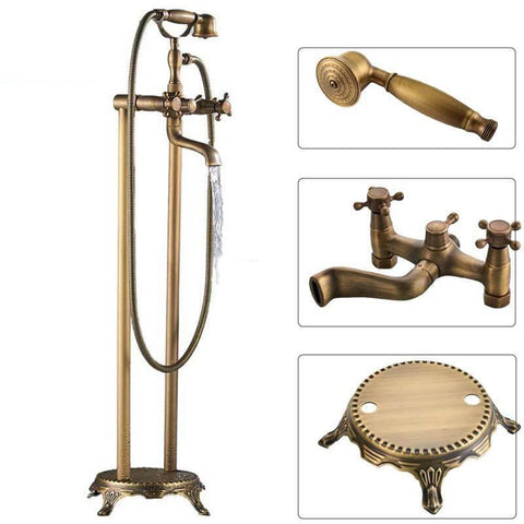 Antique Brass Floor Mounted Tub Sink Faucet Dual Handle Bathroom Bath Shower Set Freestanding Bathtub Mixer Tap with Handshower - WELQUEEN