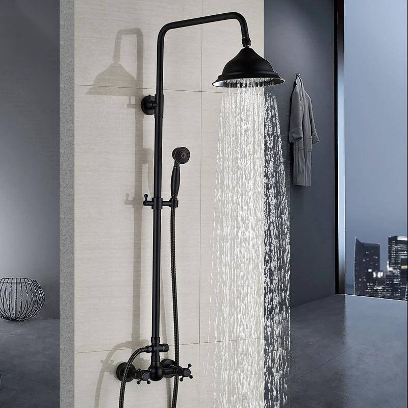 Bathroom Rainfall Shower Mixer Faucet Dual Handle Brass Black Shower Set Faucet Wall Mount Rainfall Shower Mixer Tap - WELQUEEN