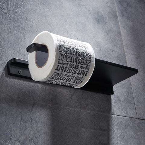 Toilet Paper Holder with Shelf | Black Aluminum Roll Paper Holder Creative Mobile Phone Rack | Wall Mount Bathroom Paper Towel Rack - WELQUEEN