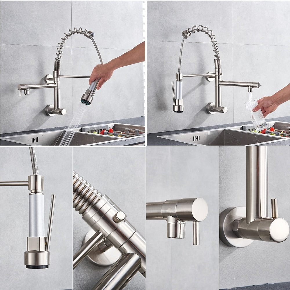 Brushed Spring Pull Down Kitchen Faucet Cold Water Dual Spouts Handheld Shower Kitchen Taps Wall Mounted Kitchen Washing Crane - WELQUEEN