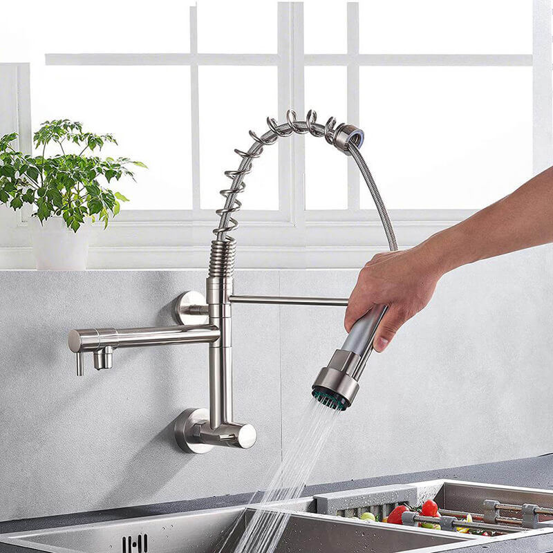 Brushed Spring Pull Down Kitchen Faucet Cold Water Dual Spouts Handheld Shower Kitchen Taps Wall Mounted Kitchen Washing Crane - WELQUEEN