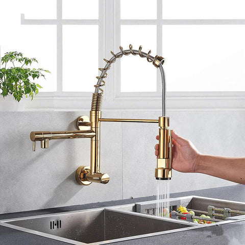 Brushed Spring Pull Down Kitchen Faucet Cold Water Dual Spouts Handheld Shower Kitchen Taps Wall Mounted Kitchen Washing Crane - WELQUEEN