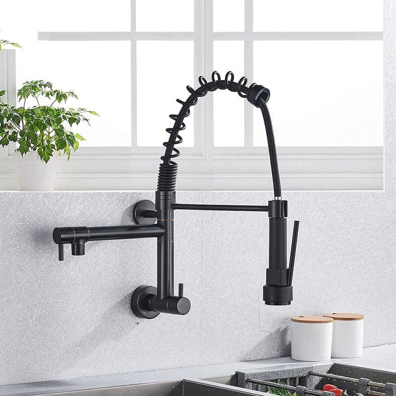 Brushed Spring Pull Down Kitchen Faucet Cold Water Dual Spouts Handheld Shower Kitchen Taps Wall Mounted Kitchen Washing Crane - WELQUEEN