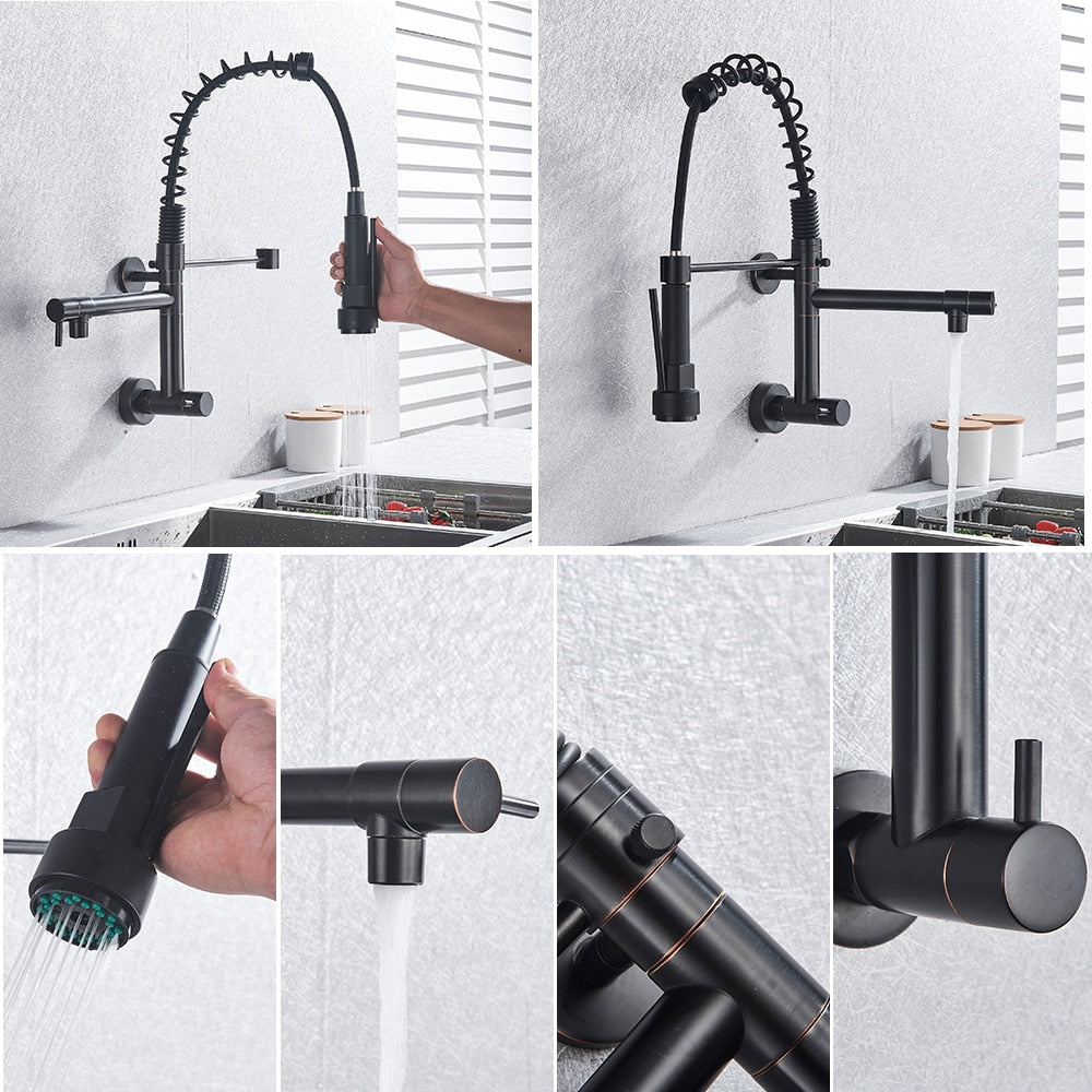 Brushed Spring Pull Down Kitchen Faucet Cold Water Dual Spouts Handheld Shower Kitchen Taps Wall Mounted Kitchen Washing Crane - WELQUEEN