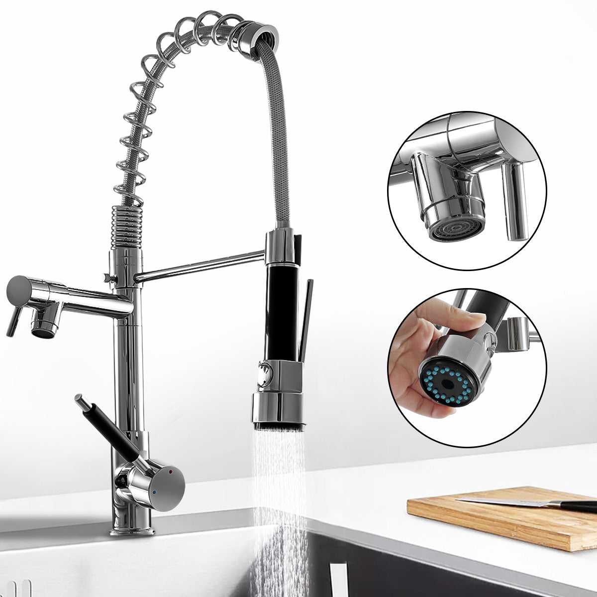 Kitchen Chrome Pull Out Side Spring Faucet Dual Spout Sprayer Single Handle Mixer Tap Sink Faucet 360 Rotation Deck Mounted - WELQUEEN