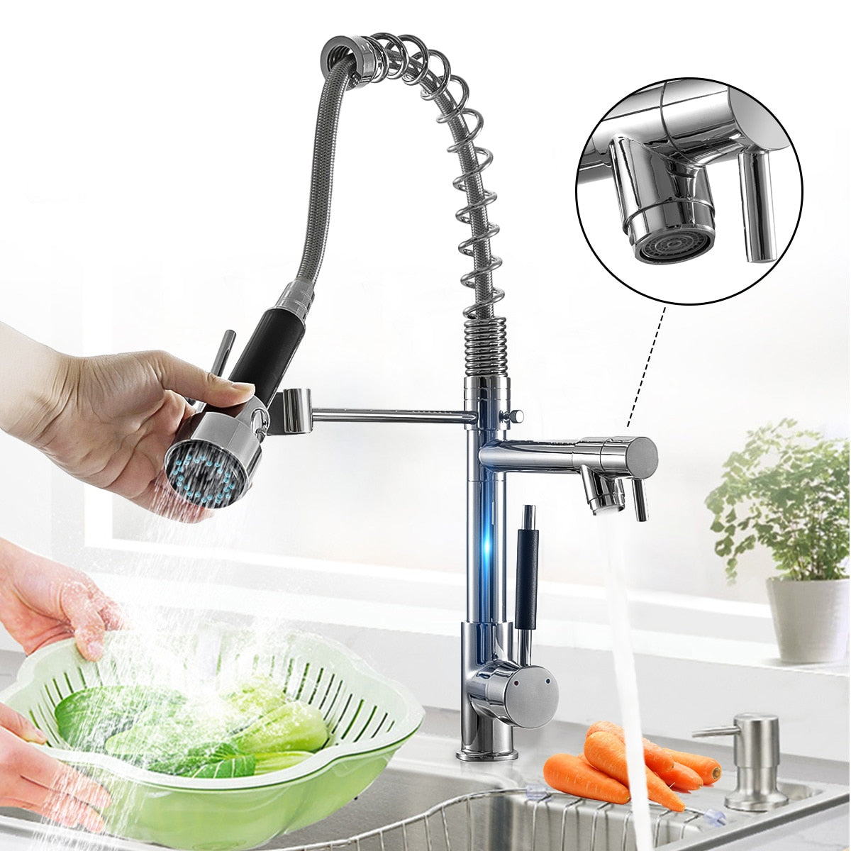 Kitchen Chrome Pull Out Side Spring Faucet Dual Spout Sprayer Single Handle Mixer Tap Sink Faucet 360 Rotation Deck Mounted - WELQUEEN