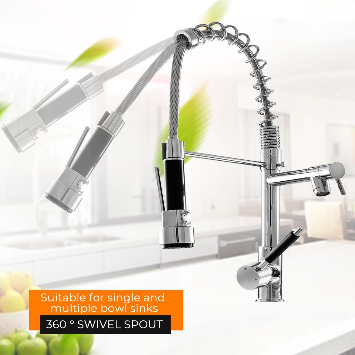 Kitchen Chrome Pull Out Side Spring Faucet Dual Spout Sprayer Single Handle Mixer Tap Sink Faucet 360 Rotation Deck Mounted - WELQUEEN