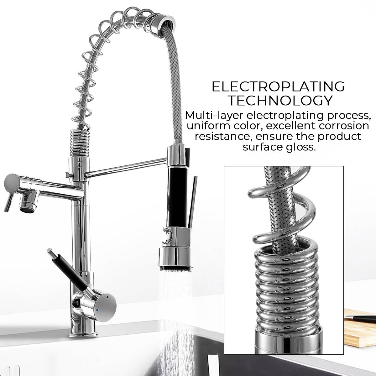 Kitchen Chrome Pull Out Side Spring Faucet Dual Spout Sprayer Single Handle Mixer Tap Sink Faucet 360 Rotation Deck Mounted - WELQUEEN