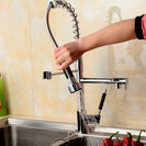 Kitchen Chrome Pull Out Side Spring Faucet Dual Spout Sprayer Single Handle Mixer Tap Sink Faucet 360 Rotation Deck Mounted