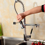 Kitchen Chrome Pull Out Side Spring Faucet Dual Spout Sprayer Single Handle Mixer Tap Sink Faucet 360 Rotation Deck Mounted