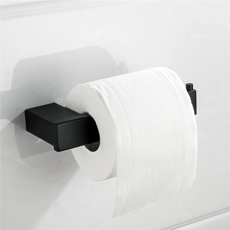 New SUS 304 Stainless Steel Bathroom Hardware Set Black Matte Paper Holder Toothbrush Holder Towel Bar Bathroom Accessories - WELQUEEN