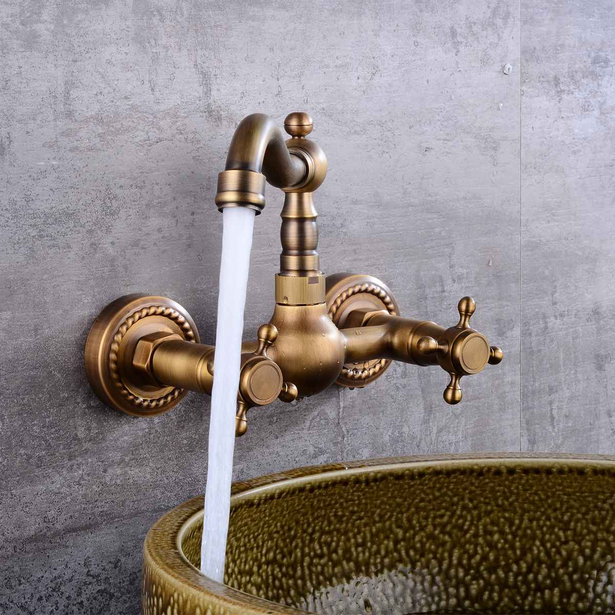 Antique Brass 360 Rotation Double Handle Kitchen Sink Faucet Wall Mounted Crane Bathroom Basin Cold And Hot Mixer Tap - WELQUEEN